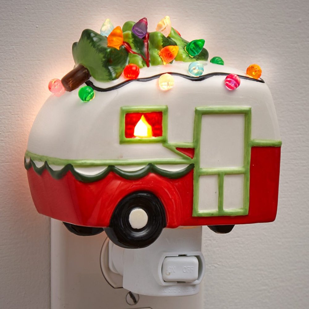 🎄 NWT Christmas CERAMIC RETRO TRAILER CAMPER WITH TREE PLUG IN NIGHT LIGHT